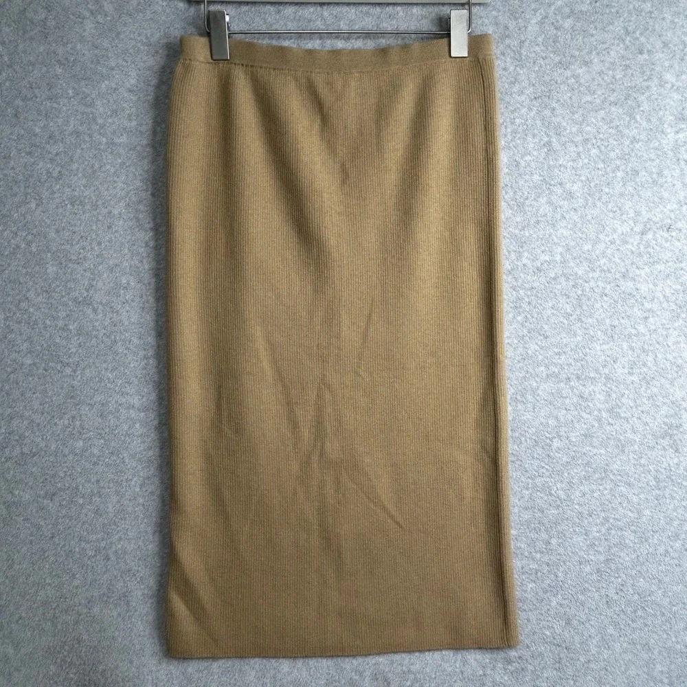 WORTH NEW YORK Knit Ribbed Pencil Skirt Side Buttons Camel S neutral Classic‎